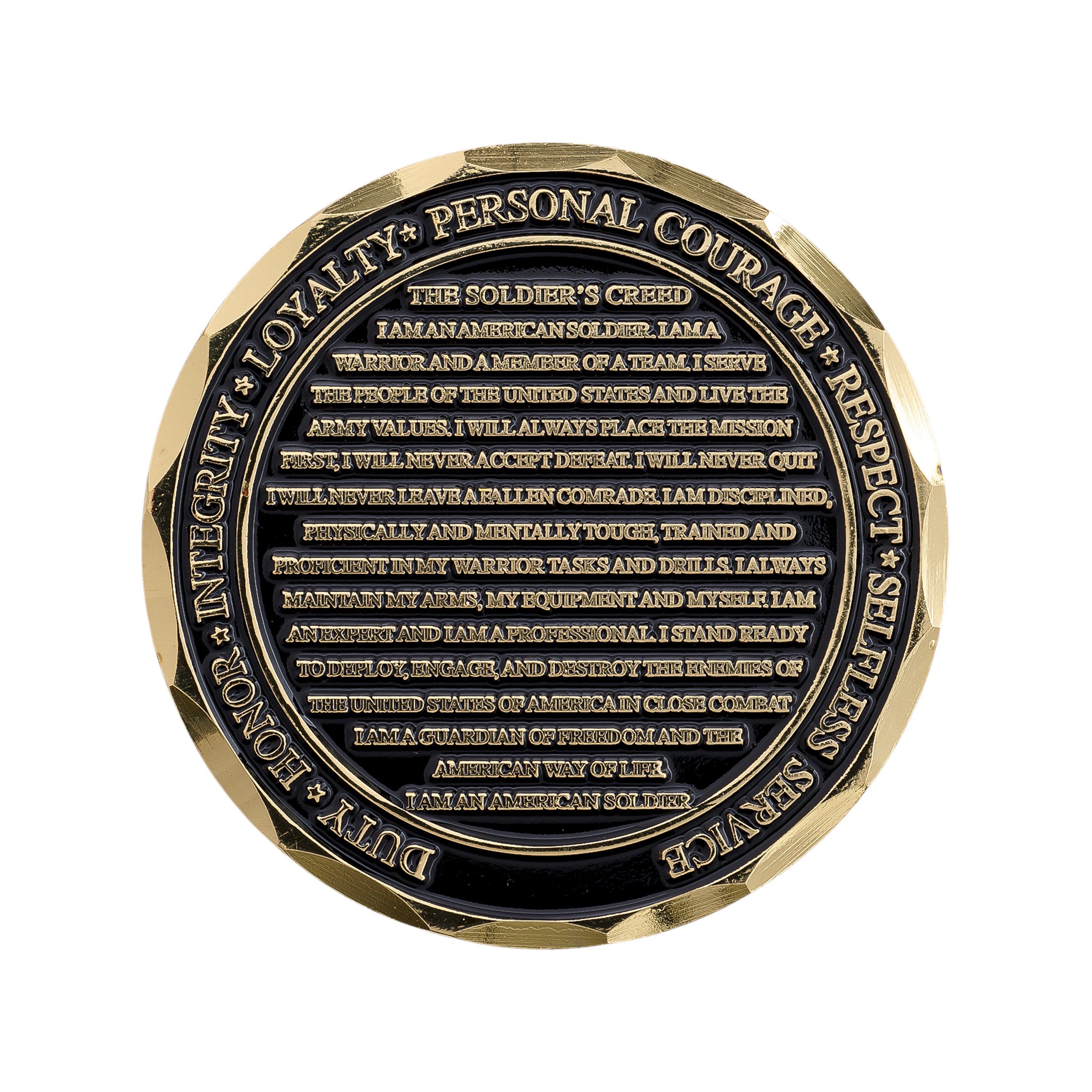 Gold and black coin with engraved text on a white background soldier's creed challenge coin