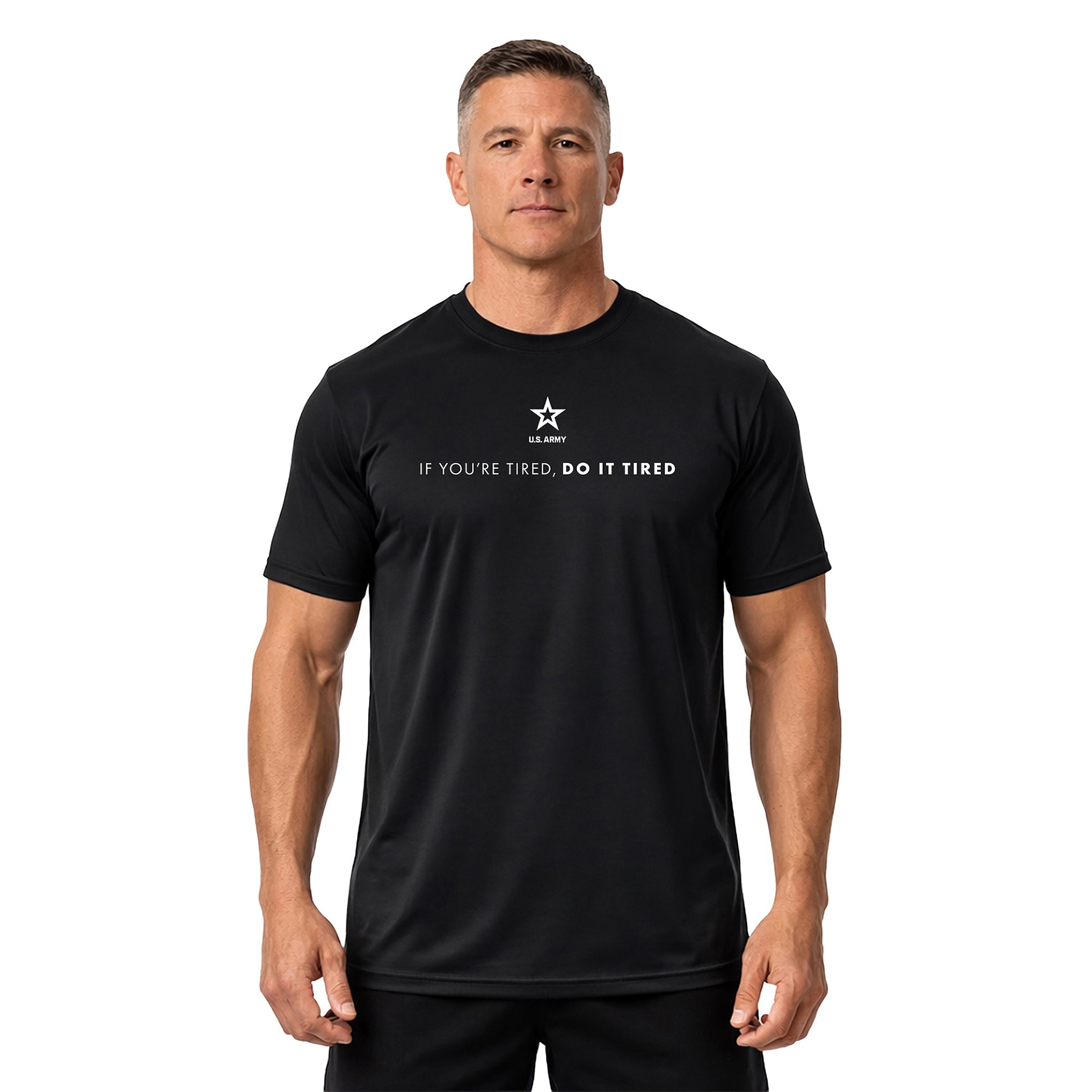 Black Army Performance T-shirt with U.S. Army 'If you're tired, do it tired' Quote and Army star logo. Army workout tee. Army activewear.