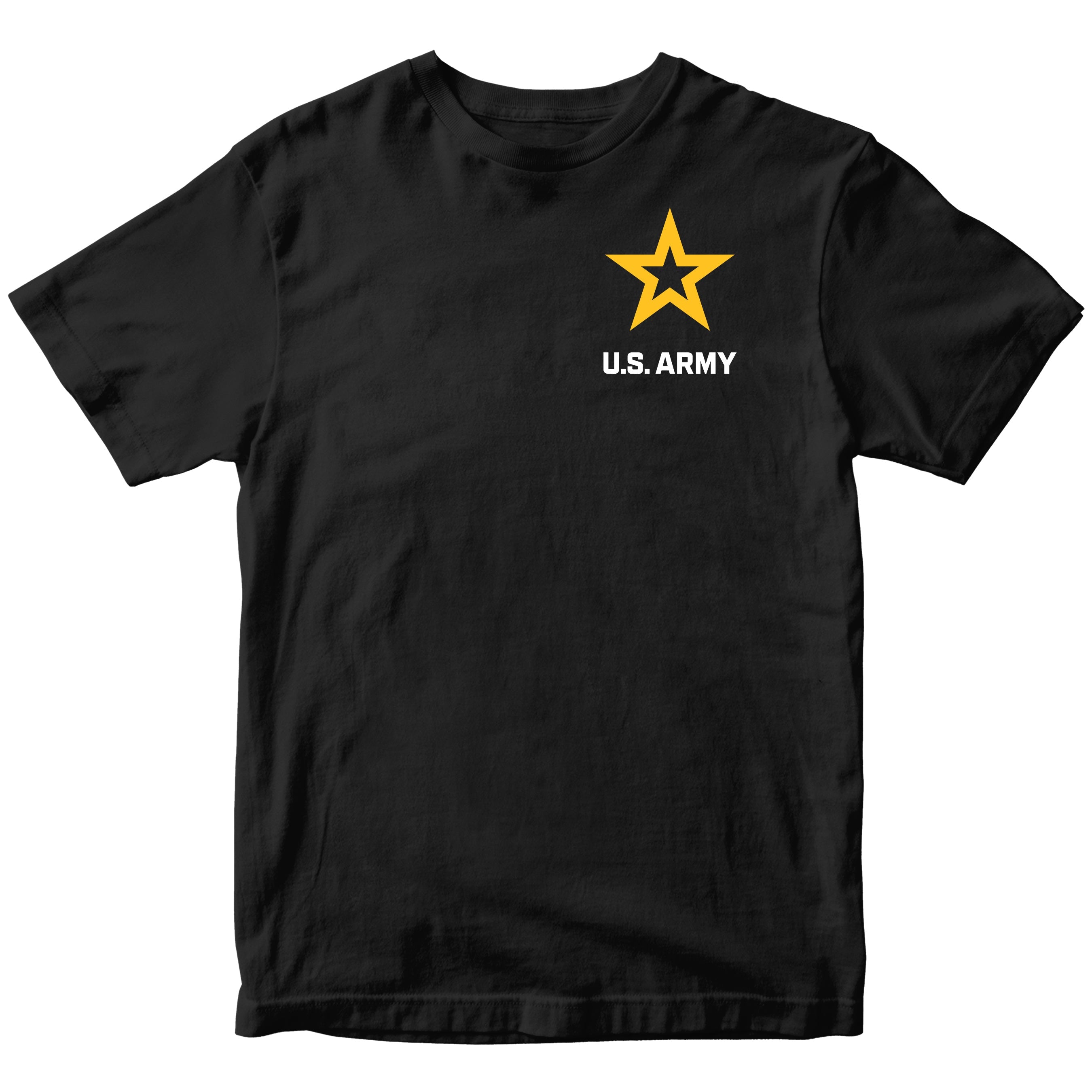 Black ARMY t-shirt with U.S. Army logo featuring a yellow star chest seal