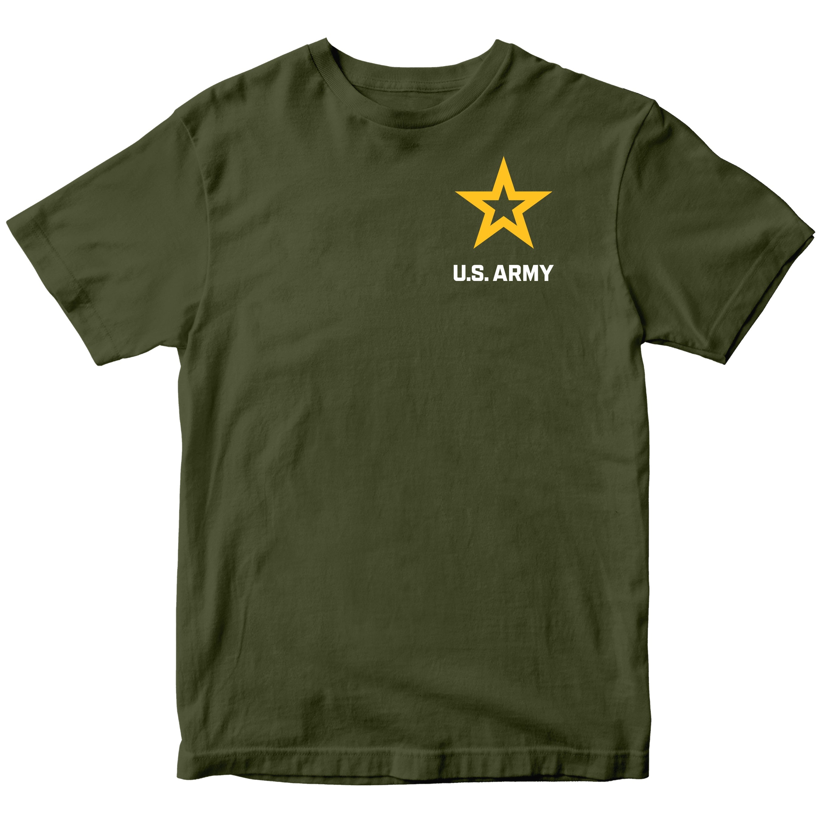 Green ARMY t-shirt with U.S. Army logo featuring a yellow star chest seal