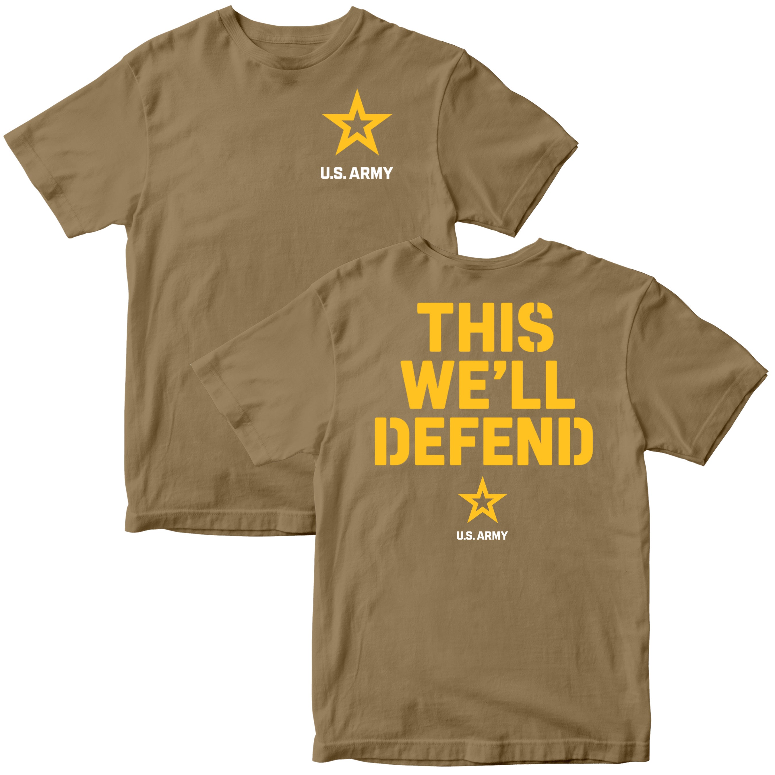 ARMY T-shirt: the front shows a yellow star above white ‘U.S. ARMY’ text on the chest; the back features bold yellow block letters ‘THIS WE’LL DEFEND’ above a small yellow star and ‘U.S. ARMY’ text.