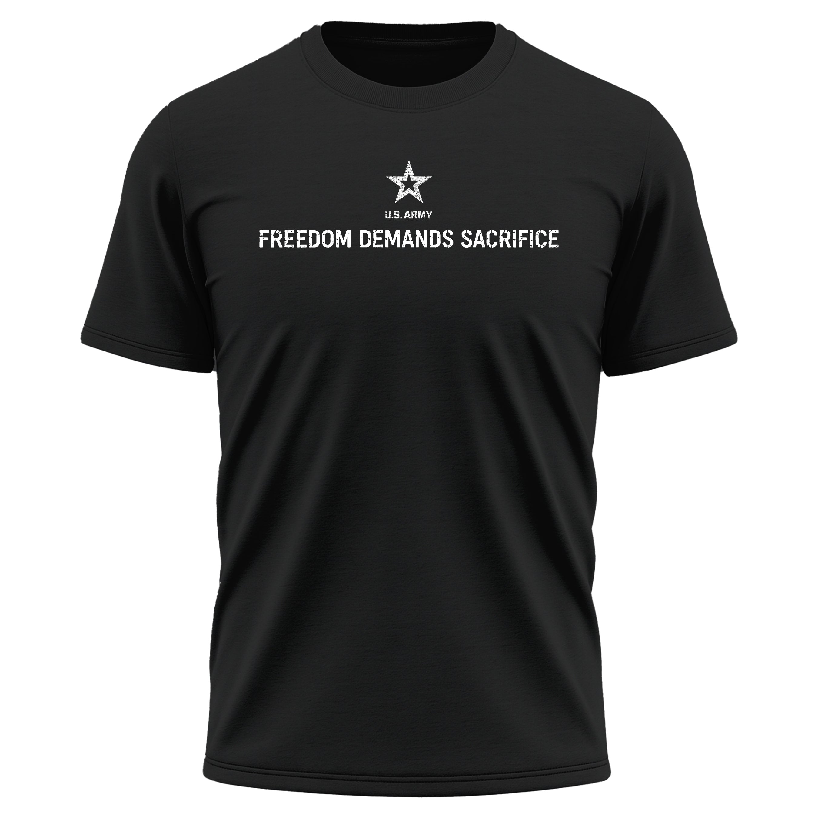 The 1% Who Serve ARMY Black Performance T-shirt with Freedom Demands Sacrifice Graphic. 