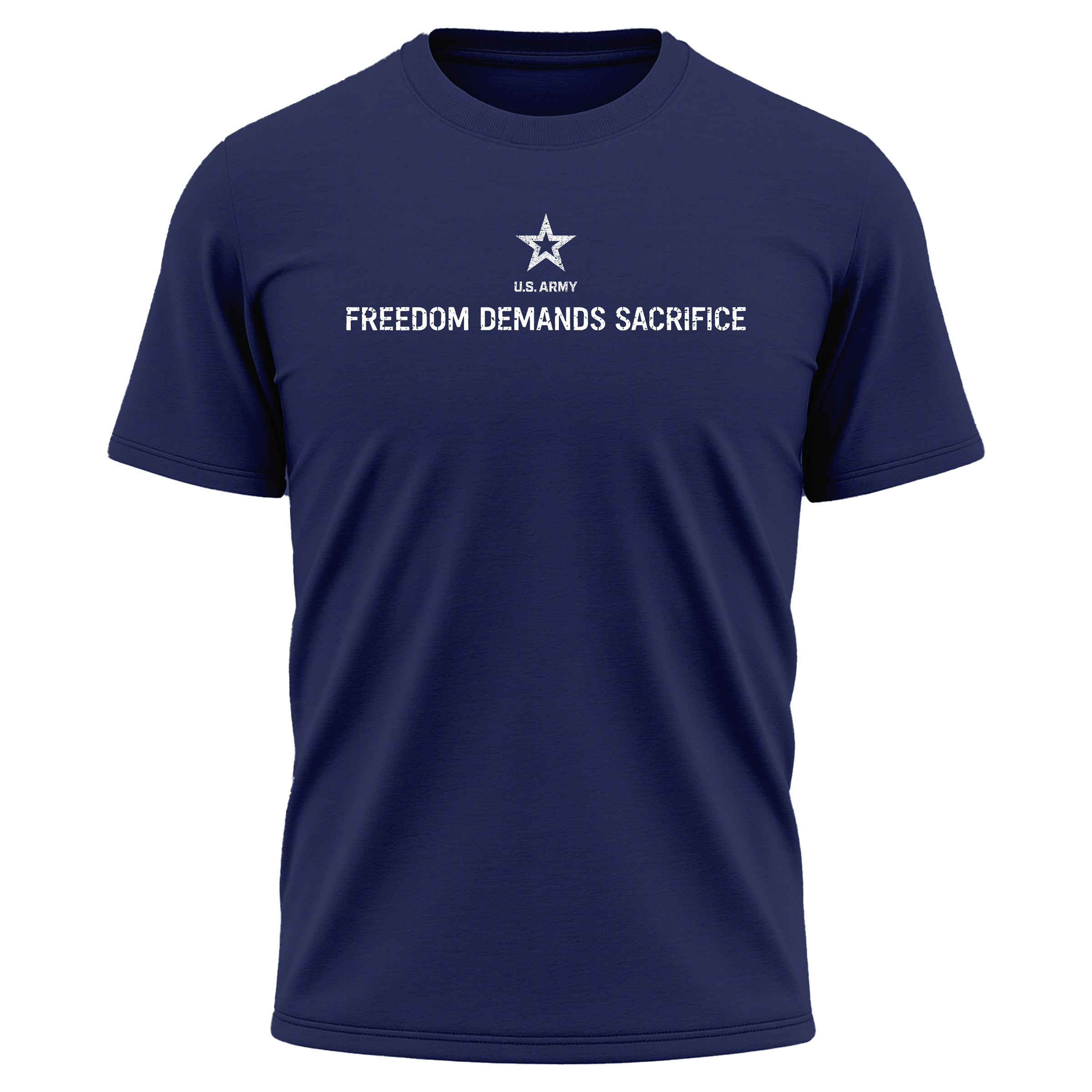 The 1% Who Serve ARMY Blue Performance T-shirt with Freedom Demands Sacrifice Graphic.