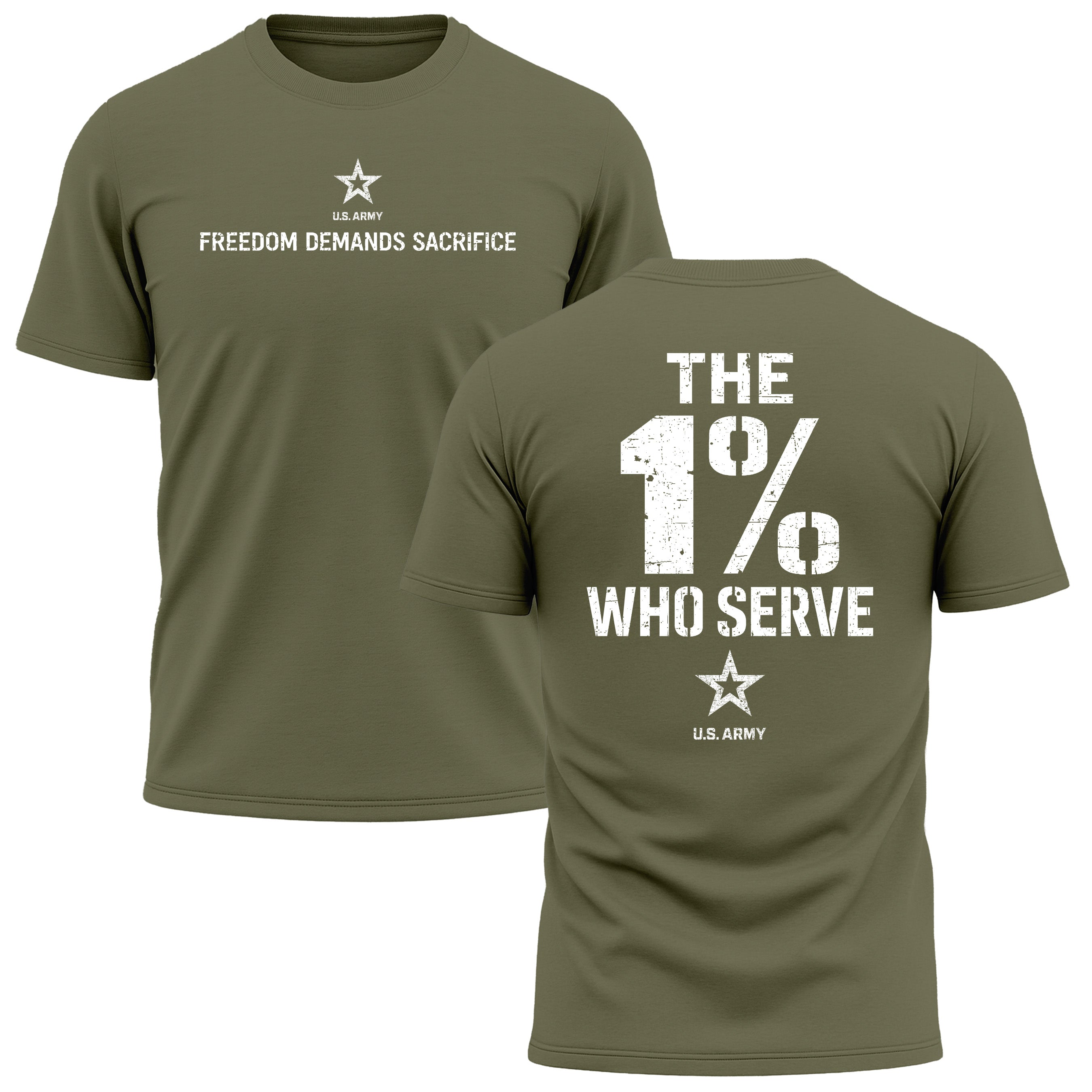 The 1% Who Serve ARMY Performance T-shirt with Freedom Demands Sacrifice Graphic. U.S. Army patriotic T-shirt for Memorial Day and 4th of July with 1% who serve design.