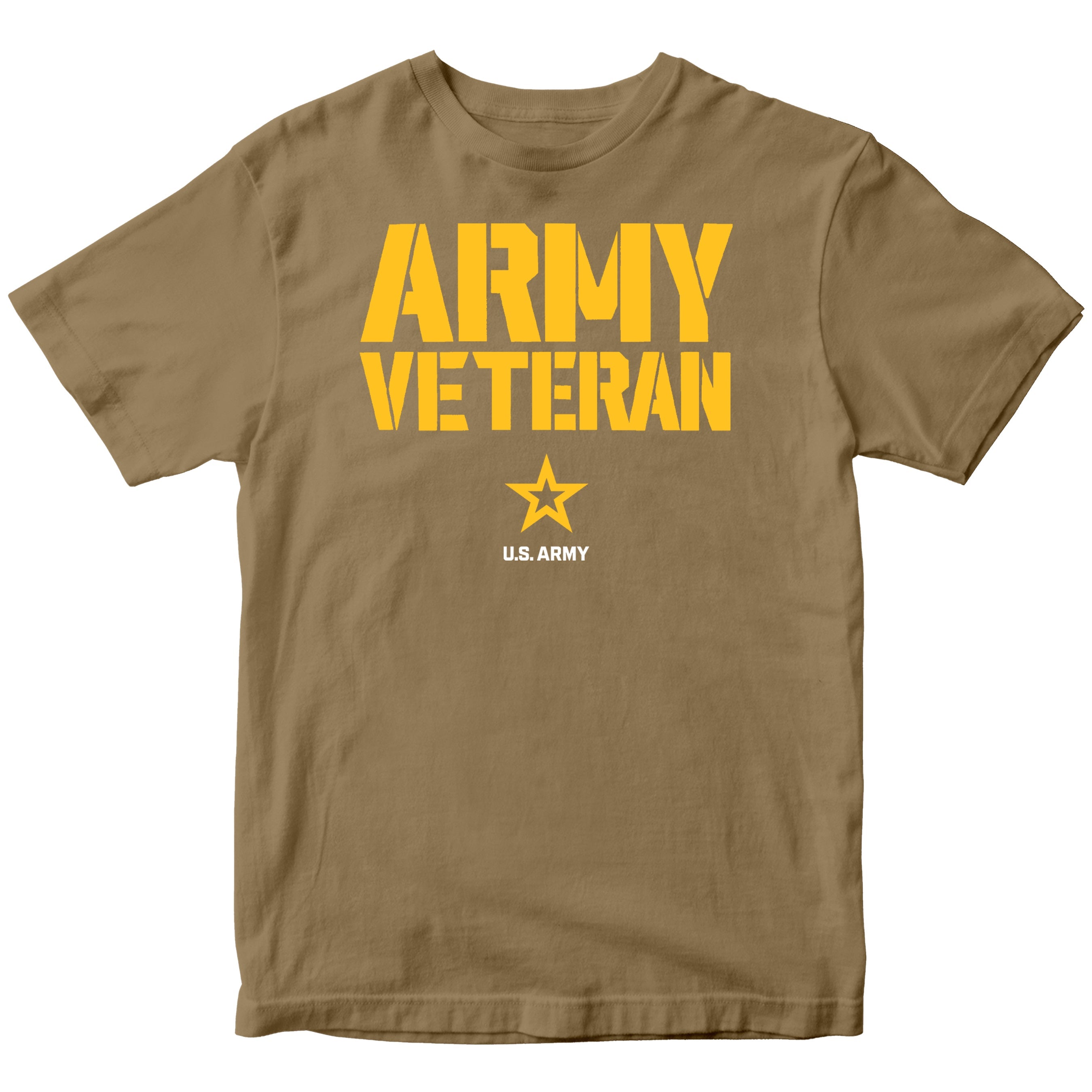 Brown T-shirt featuring bold yellow stencil-style ‘ARMY VETERAN’ text across the chest, with a yellow star insignia and ‘U.S. ARMY’ printed below.