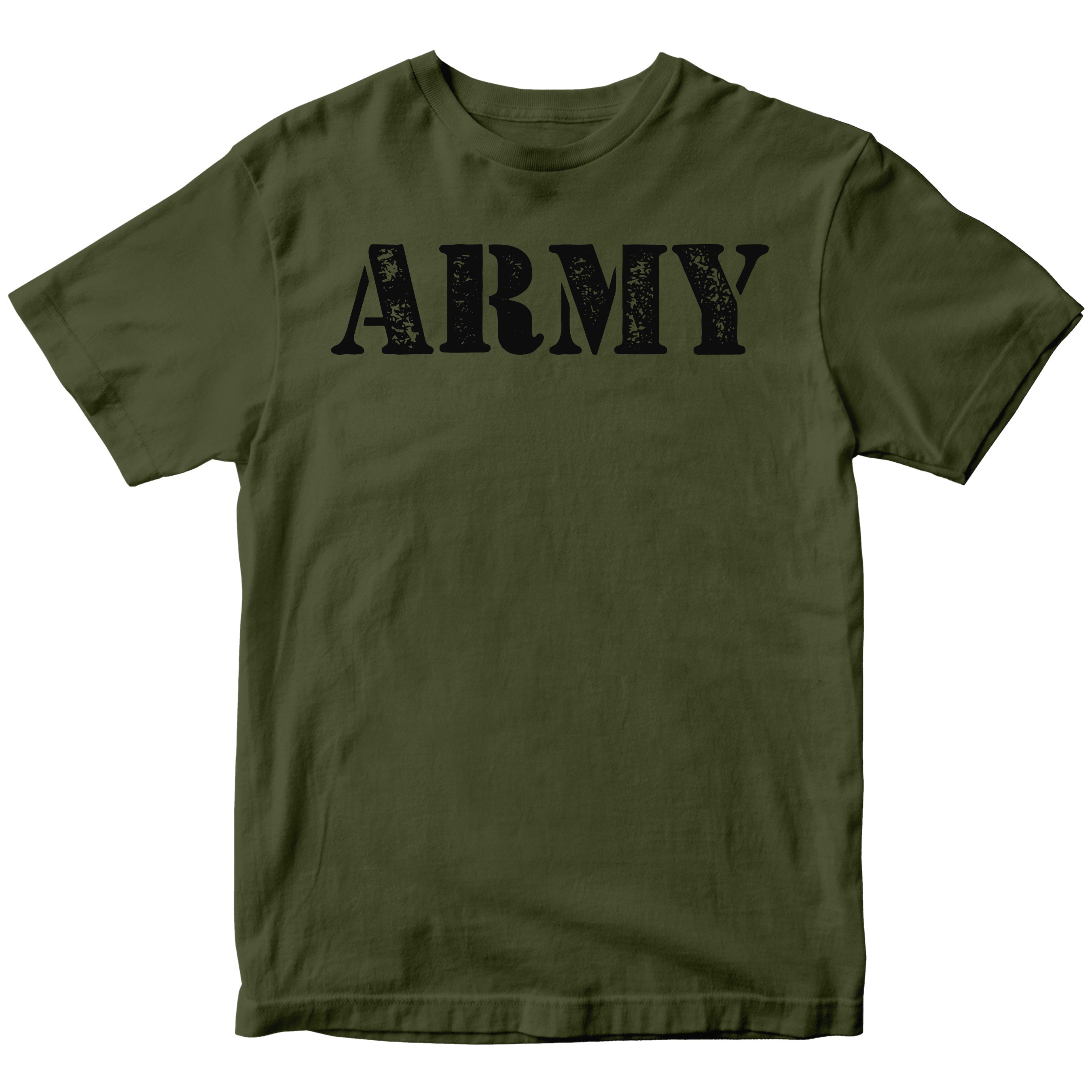 Green Army T-shirt with Grunge Distressed Vintage Style 'ARMY' lettering across the chest.”