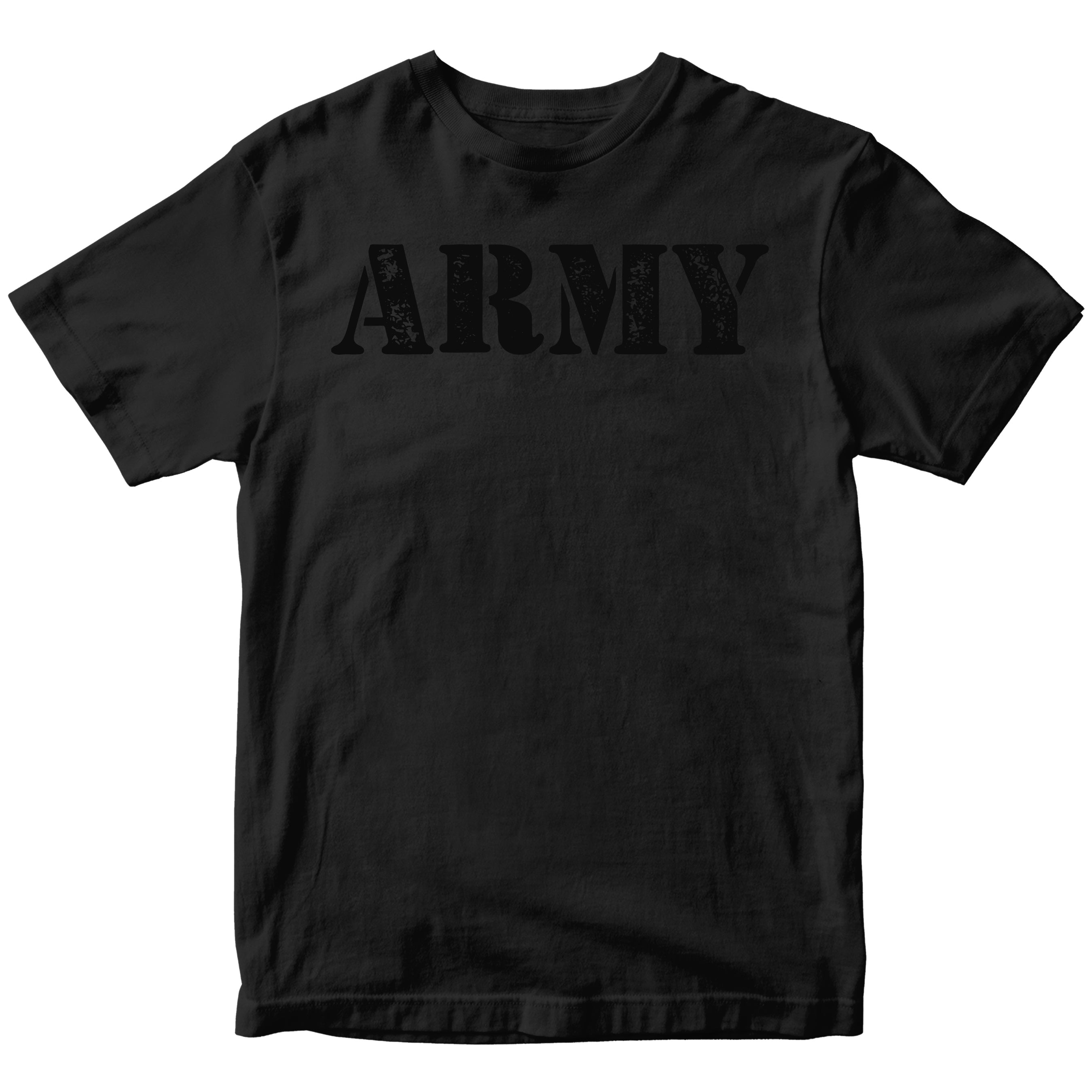 Balck on black Army T-shirt with Grunge Distressed Vintage Style 'ARMY' lettering across the chest.”