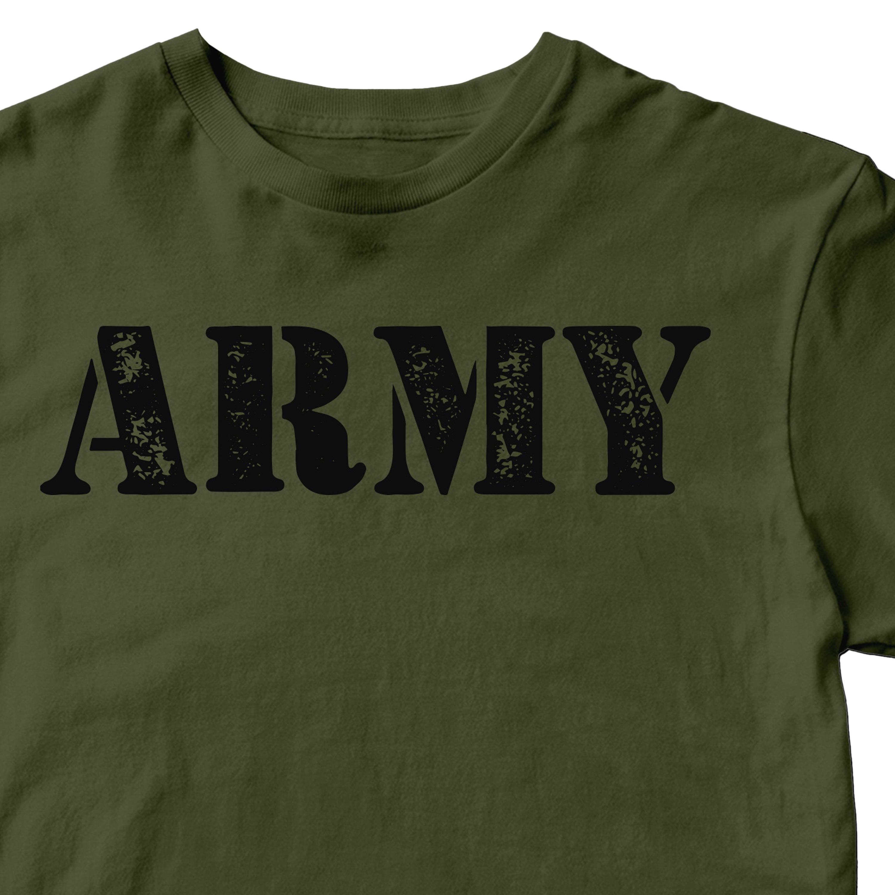 Green Army T-shirt with Grunge Distressed Vintage Style 'ARMY' lettering across the chest.”