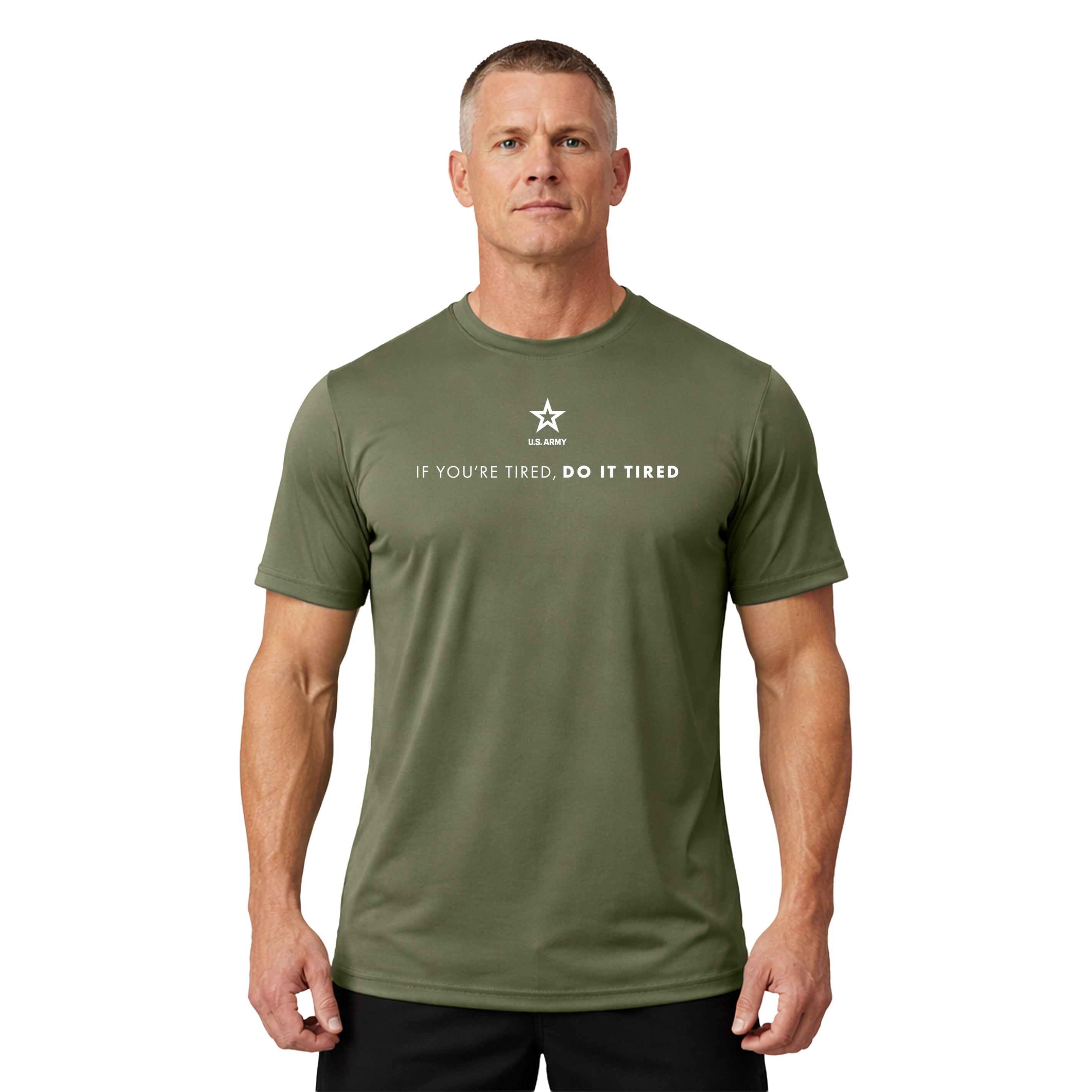 Green Army Performance T-shirt with U.S. Army 'If you're tired, do it tired' Quote and Army star logo. Army workout tee. Army activewear.