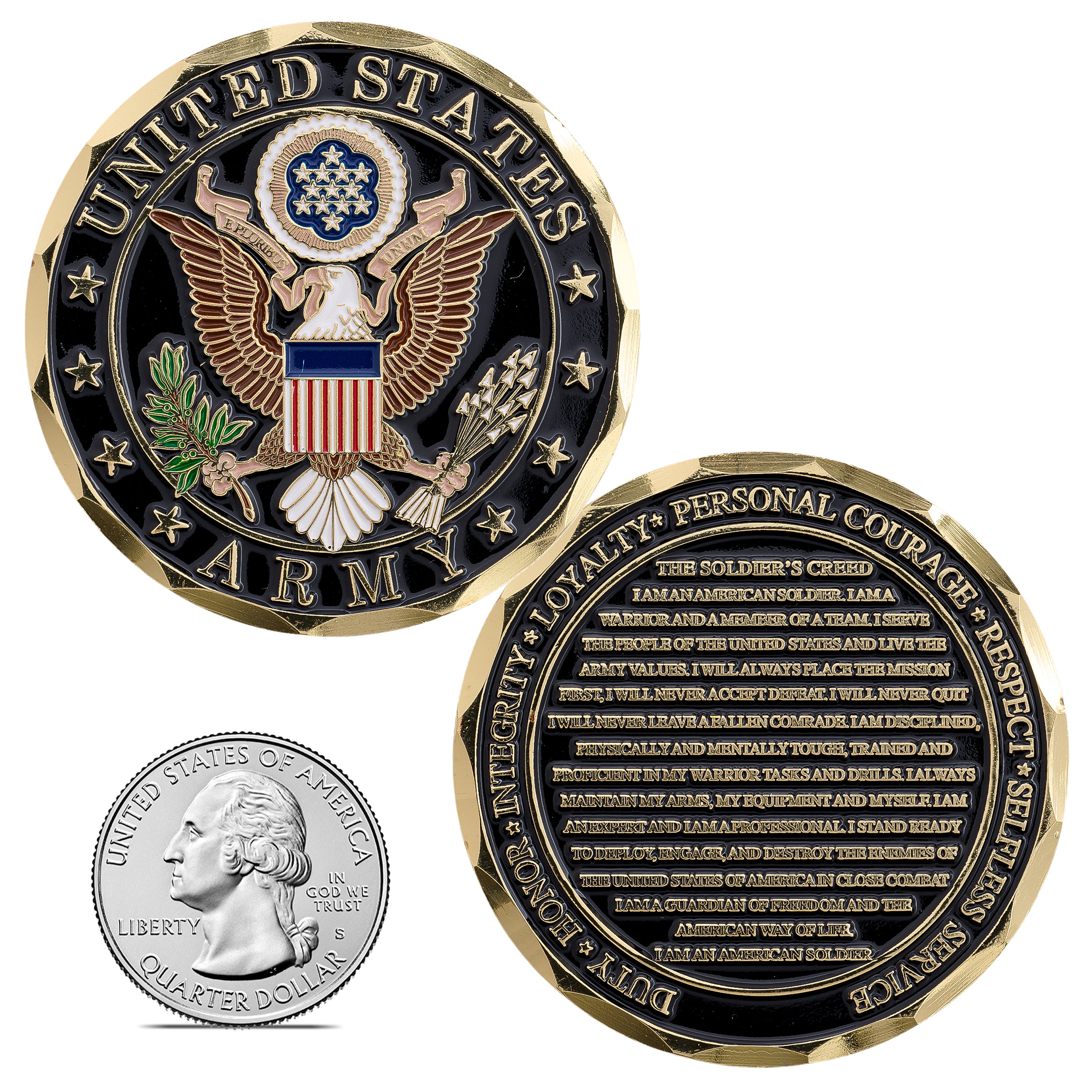 soldier's creed challenge coin United States Army coin with eagle emblem and text on a white background