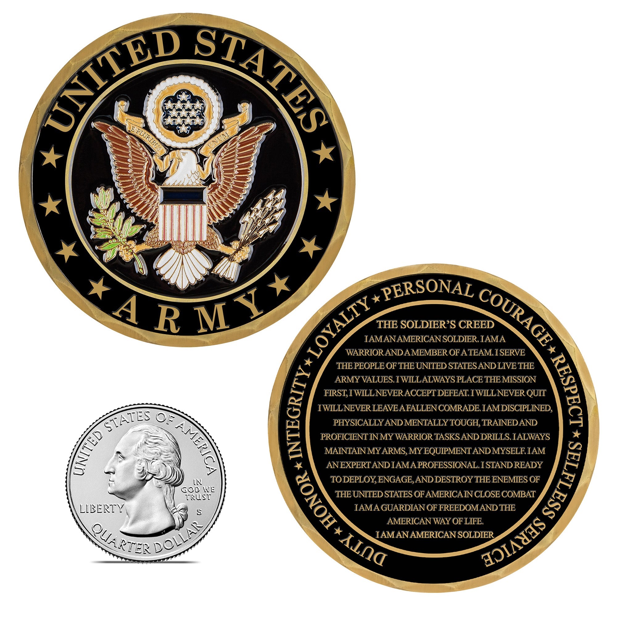 United States Army coin with eagle emblem and soldier's creed text on a white background