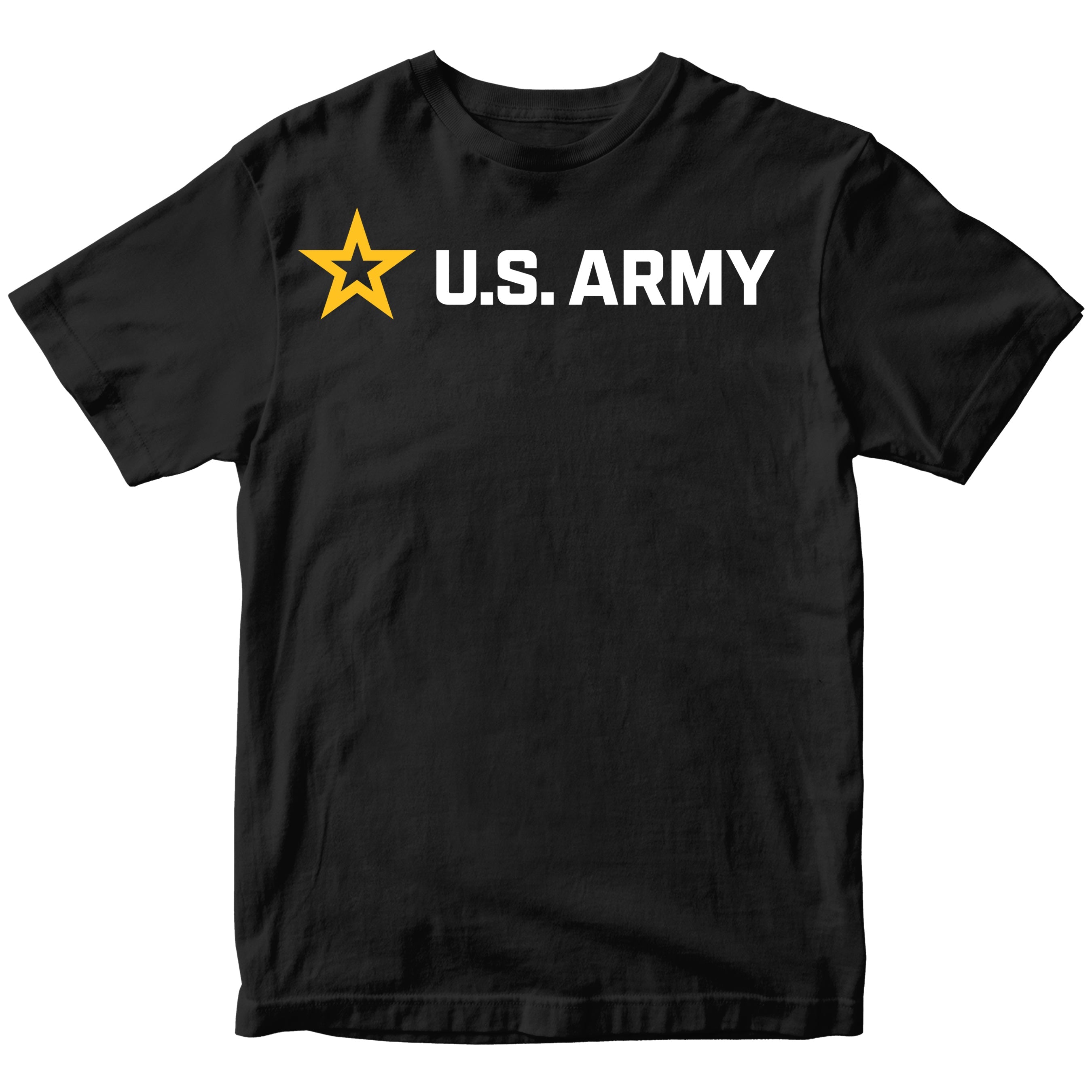 Black ARMY t-shirt with U.S. Army logo featuring a yellow star and 'U.S. Army' logo across the chest 