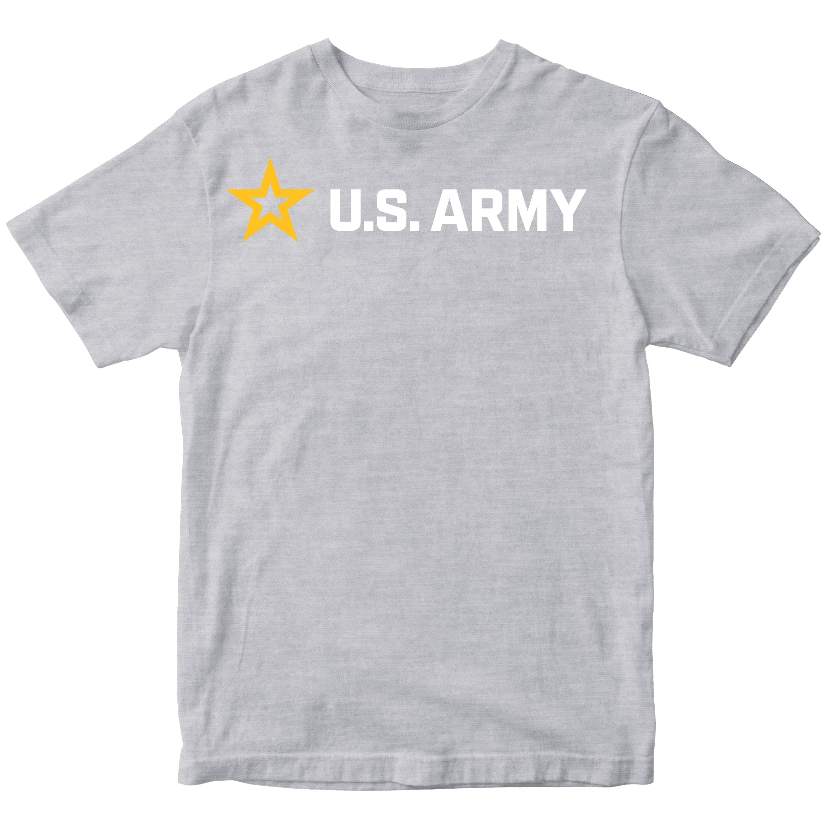 Gray ARMY t-shirt with U.S. Army logo featuring a yellow star and 'U.S. Army' logo across the chest 