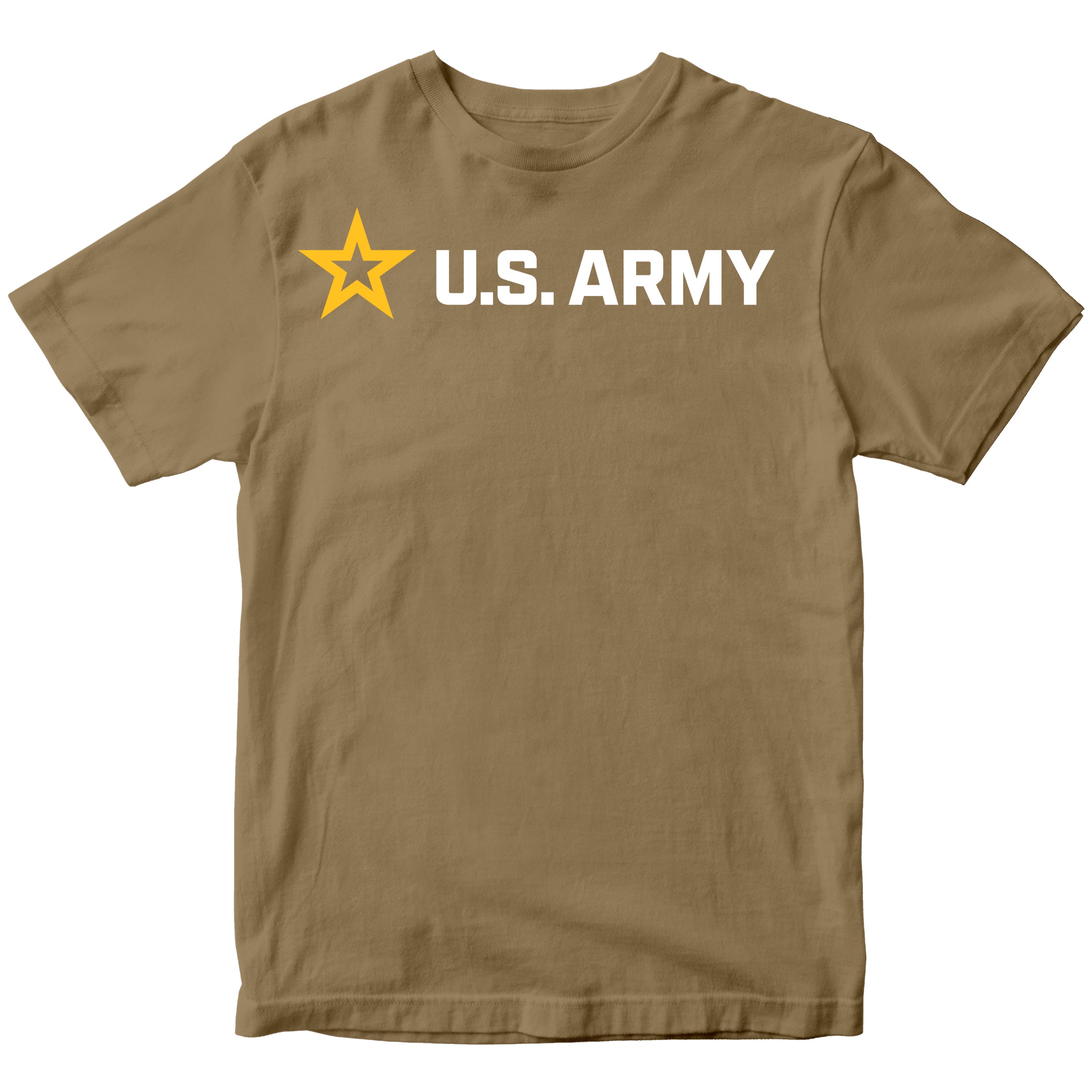 Brown ARMY t-shirt with U.S. Army logo featuring a yellow star and 'U.S. Army' logo across the chest 