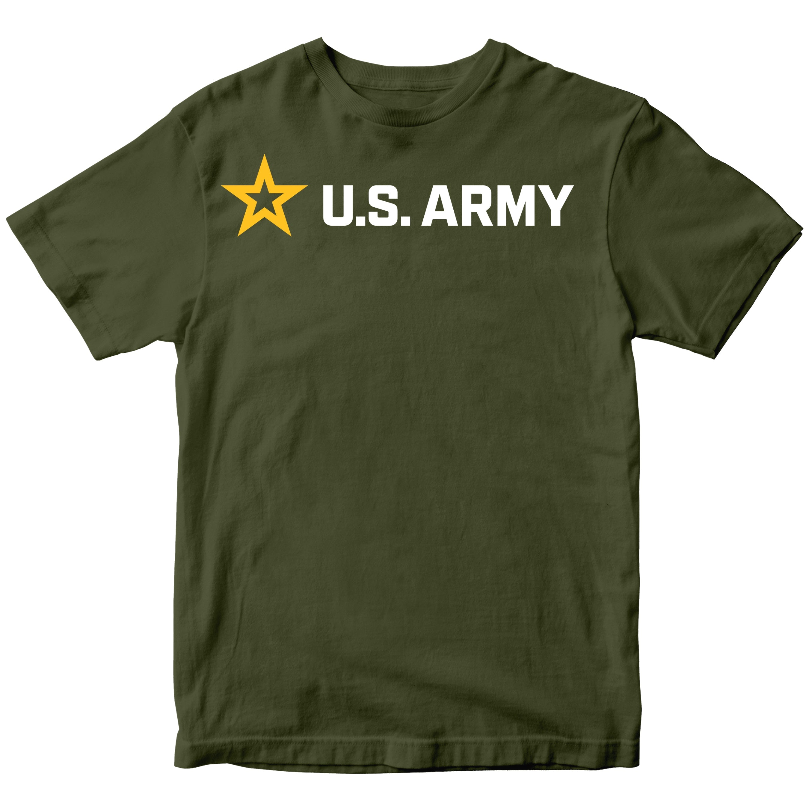 Green ARMY t-shirt with U.S. Army logo featuring a yellow star and 'U.S. Army' logo across the chest 