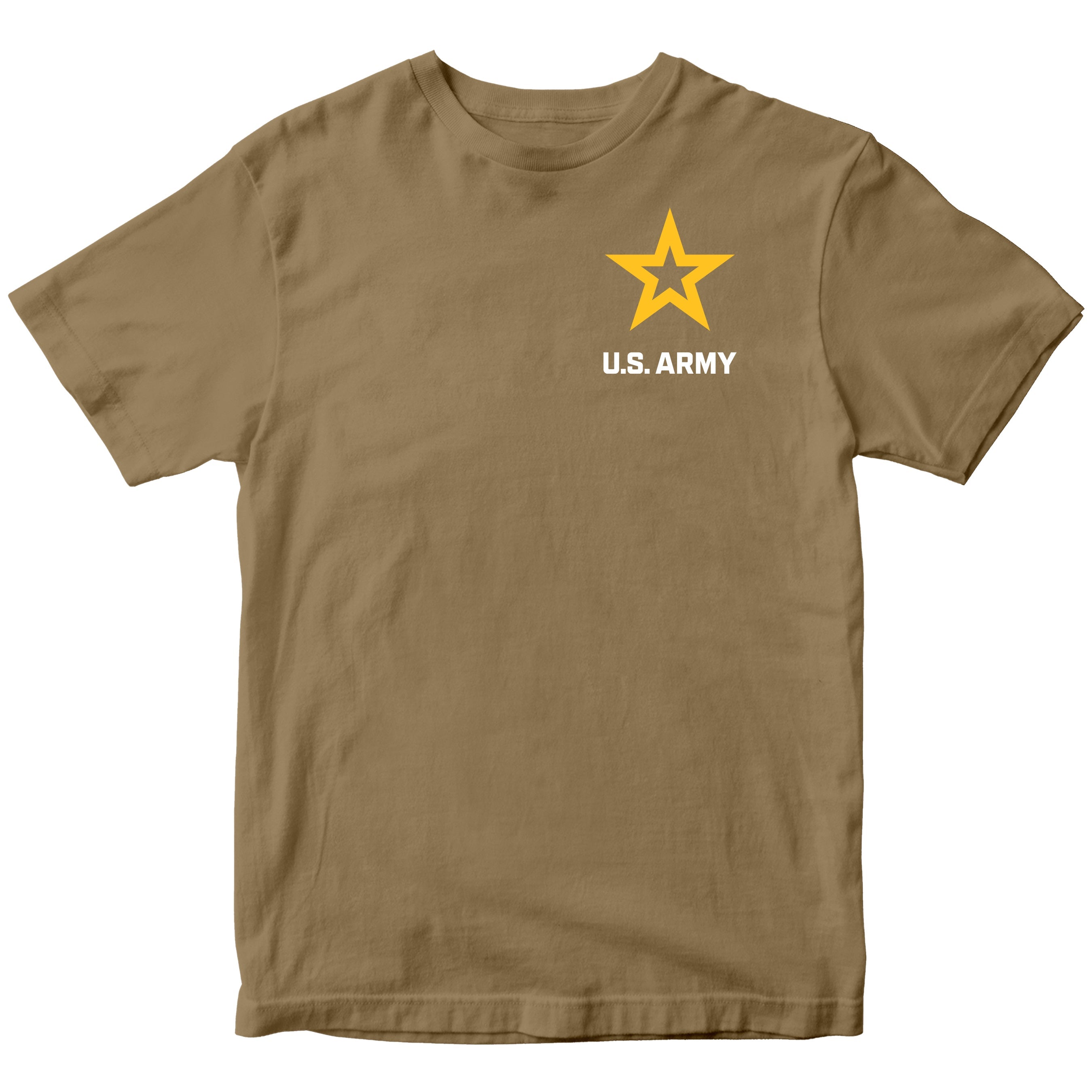 Brown ARMY t-shirt with U.S. Army logo featuring a yellow star chest seal