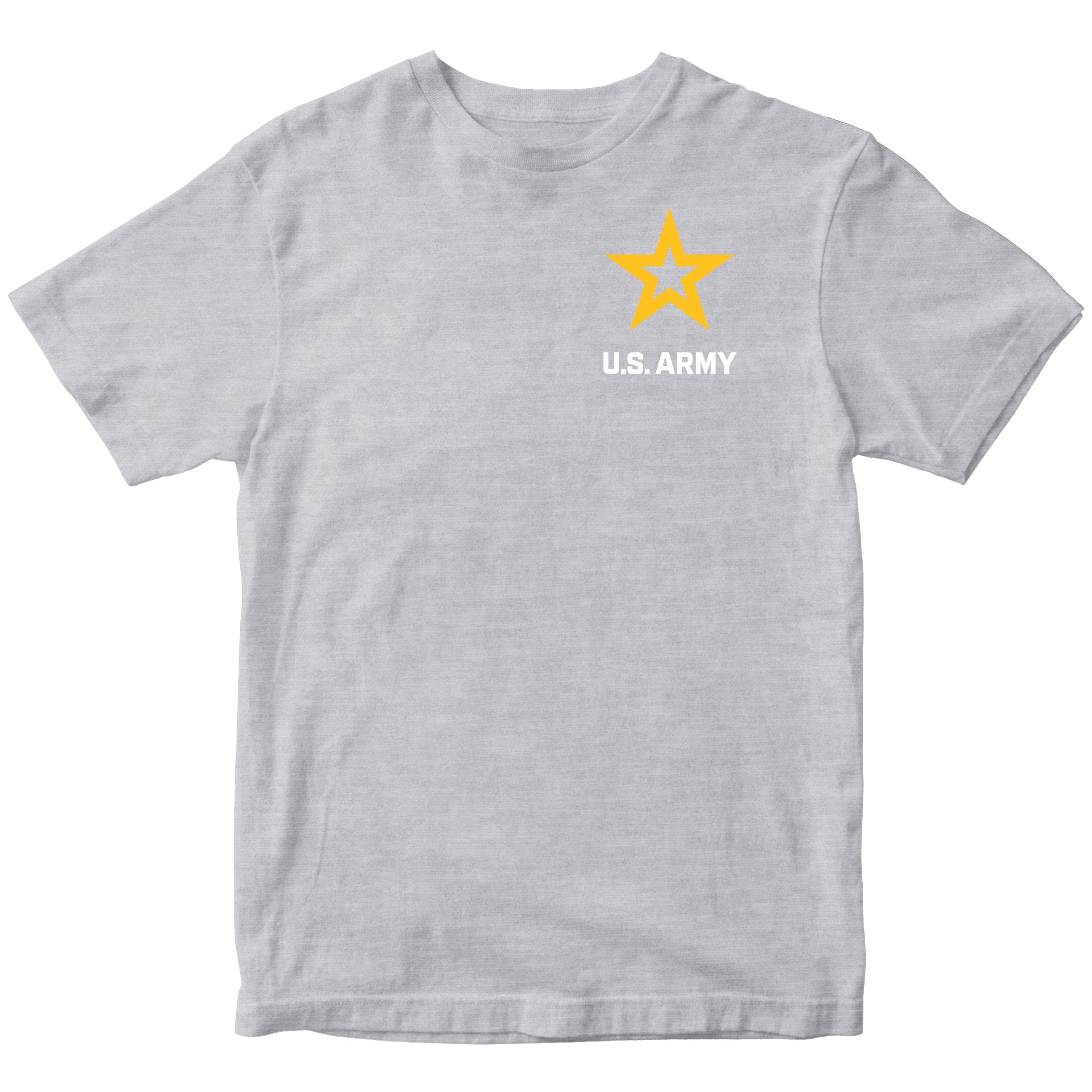 Gray ARMY t-shirt with U.S. Army logo featuring a yellow star chest seal