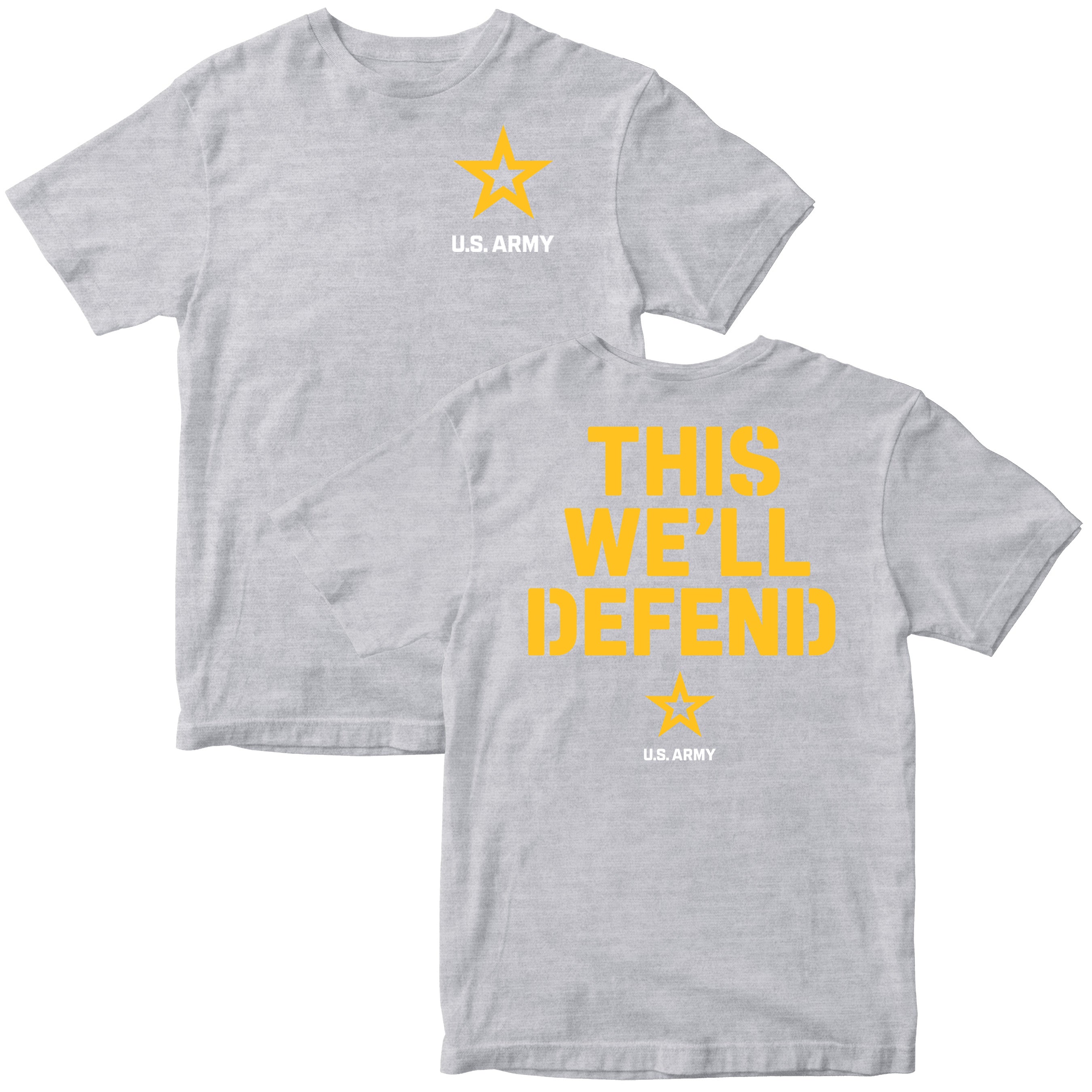ARMY T-shirt: the front shows a yellow star above white ‘U.S. ARMY’ text on the chest; the back features bold yellow block letters ‘THIS WE’LL DEFEND’ above a small yellow star and ‘U.S. ARMY’ text.