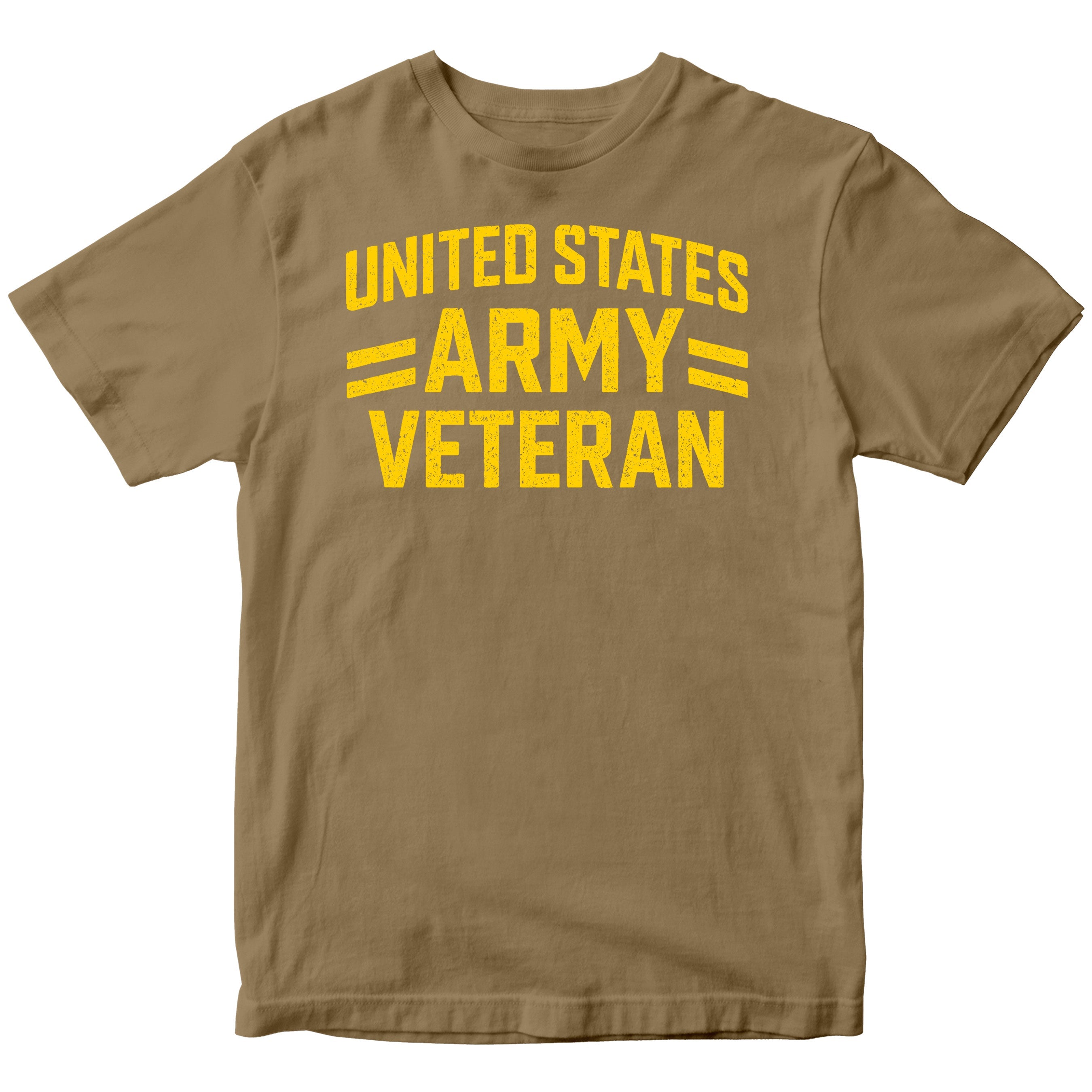 Brown ARMY t-shirt with distressed yellow 'UNITED STATES ARMY VETERAN' text 
