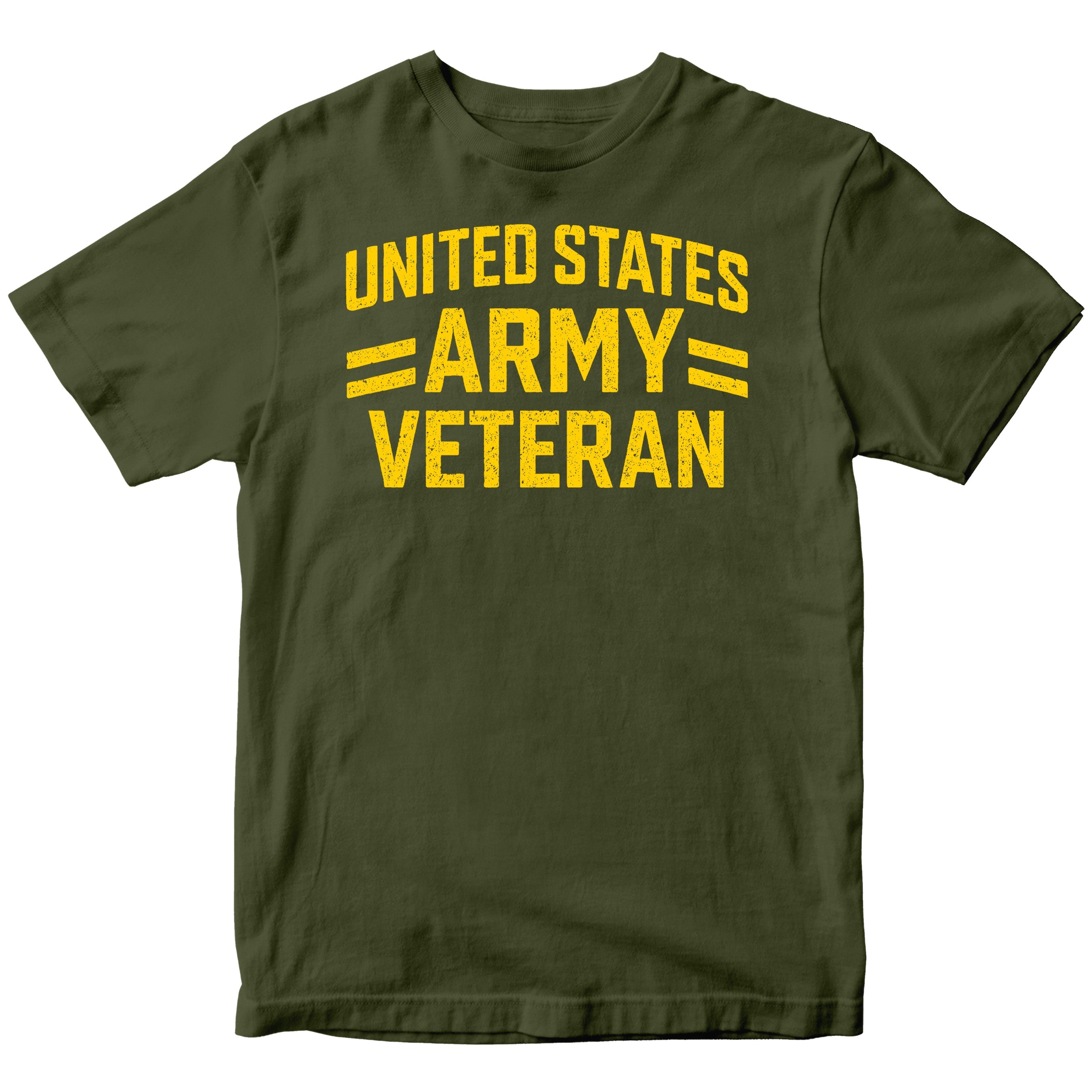 Green ARMY t-shirt with distressed yellow 'UNITED STATES ARMY VETERAN' text 