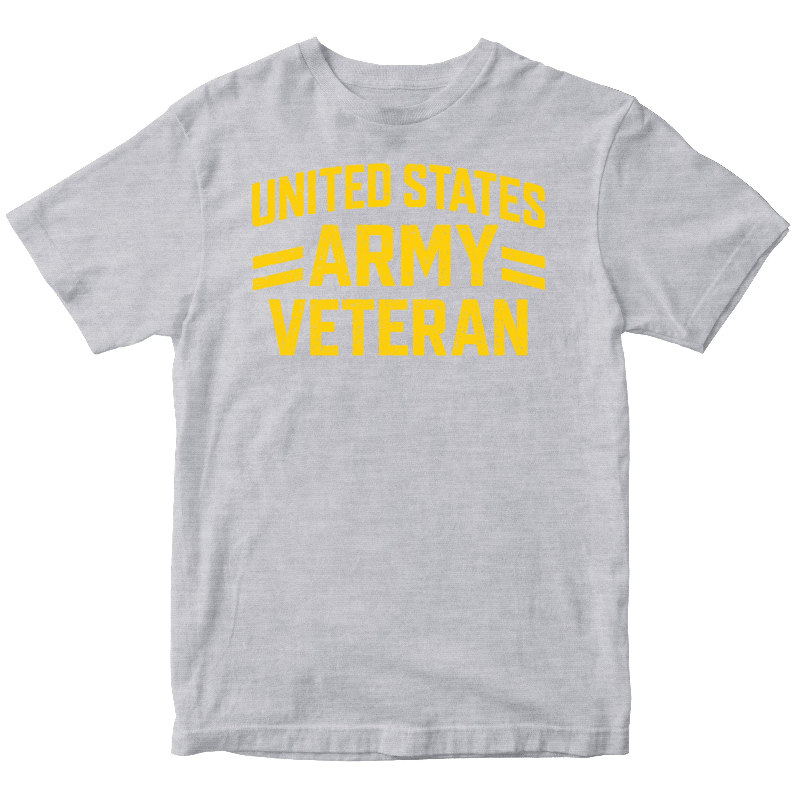 Gray ARMY t-shirt with distressed yellow 'UNITED STATES ARMY VETERAN' text 